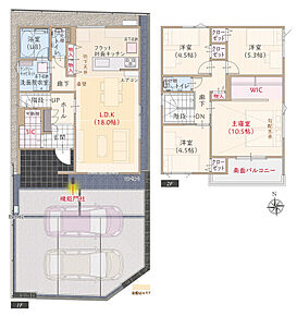 太陽光発電パネル搭載、東南角地、南向き、耐震等級3、断熱等級5、ZEH仕様、第一種換気&amp;全熱交換換気、対面キッチン付LDK広々18.0帖、上部勾配天井&amp;大型WIC付主寝室広々10.5帖、大型SIC、南面バルコニー 