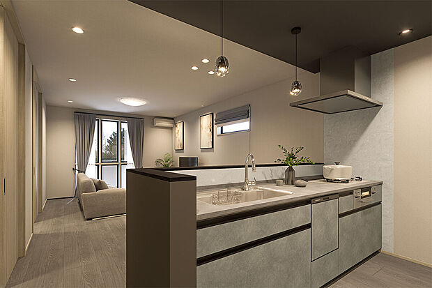 【キッチン完成予想図】T-1／クリナップのキッチンもカラーをグレーでまとめることで空間全体に馴染みます。メラミンのカウンタートップは耐汚性に優れているだけでなく、インテリア性が高いのでキッチン空間をオシャレに演出します。