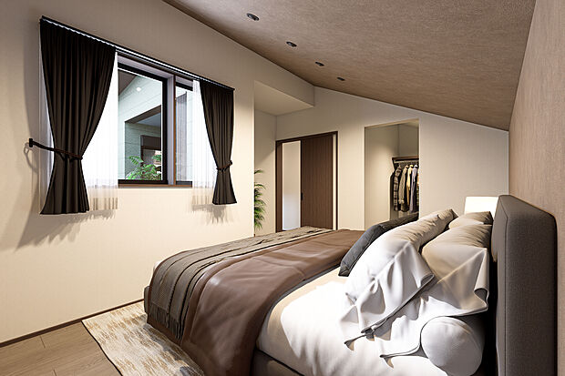 【主寝室完成予想図】T-4／WICはドアレスで、垂壁で仕切ることで空間を上手にゾーニング。衣類や荷物の出し入れが簡単で、お気に入りの洋服や小物をディスプレイしてインテリアのようにも楽しめます。