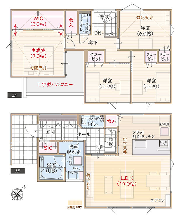【4LDK】東南角地、ワイド間口、太陽光発電パネル搭載、駐車3台可、フラット対面キッチン付LDK広々19.0帖、上部勾配天井&大型WIC付主寝室7.0帖、L字型バルコニー