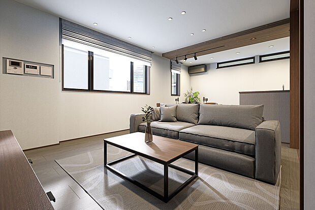 【リビングダイニング完成予想図】T-4／空間を贅沢に使ったLDK。シックで落ち着きのあるデザインで、多様なライフシーンにも心地よくフィット。存在感のある大きめのソファやダイニングテーブルを置いてもゆったりと過ごせる余裕の広さです。