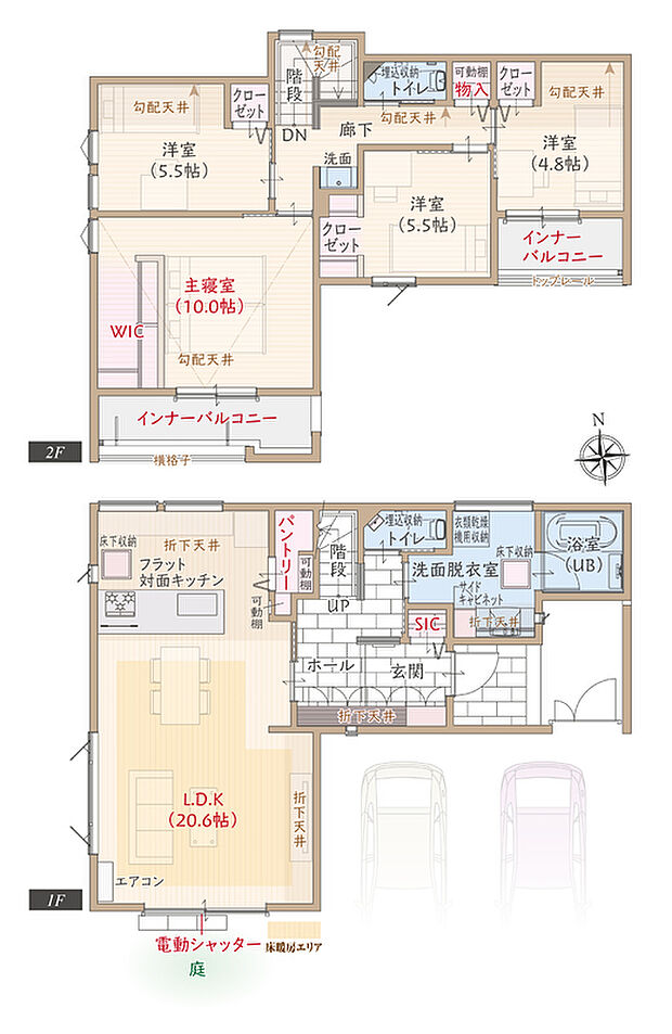 【4LDK】ワイド間口、南西角地、南向き、耐震等級3、断熱等級5、第一種換気&全熱交換換気、ZEH仕様、フラット対面キッチン付LDK広々20.6帖、大型WIC付主寝室広々10帖、大型パントリー、インナーバルコニー、南面庭