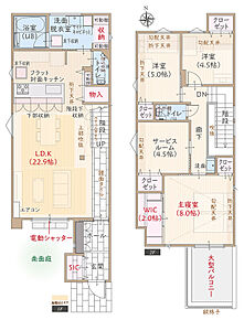 太陽光発電搭載、断熱等級5、南向き、フラット対面キッチン付きLDK広々22.9帖、玄関ホールから続く鏡面タイル廊下、可動棚付き収納のある洗面脱衣室、WIC2.0帖＆大型バルコニーのある主寝室広々8.0帖 