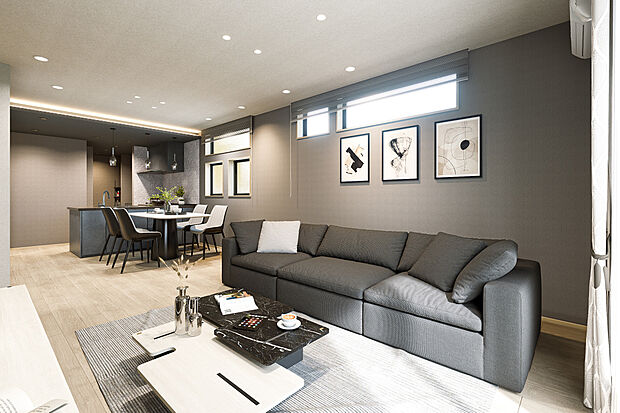 【リビングダイニング完成予想図】T-4/洗練さが光るウォームテイストでありながら、シックにまとめた21.3帖のLDK。シャープで都会的なインテリアが似合う、こだわりのあるご家族にピッタリのお部屋です。