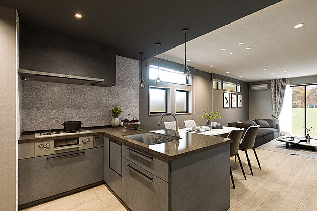 【キッチン完成予想図】T-4/収納力に優れ、使いやすさが人気のタカラスタンダードのL型キッチン。フィオレストーンで美しさを、タッチレス水栓や食器洗い乾燥機で機能性を持たせた暮らしに溶け込むキッチンです。