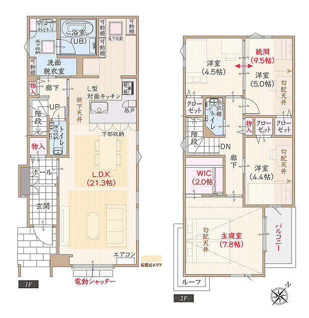 【4LDK】南向き、太陽光発電パネル搭載、敷地広々49坪超、ZEH仕様、断熱等級5、第一種換気&全熱交換換気、L型キッチン付LDK広々21.3帖、上部勾配天井&大型WIC付主寝室広々7.8帖、洋室続間9.5帖、収納充実
