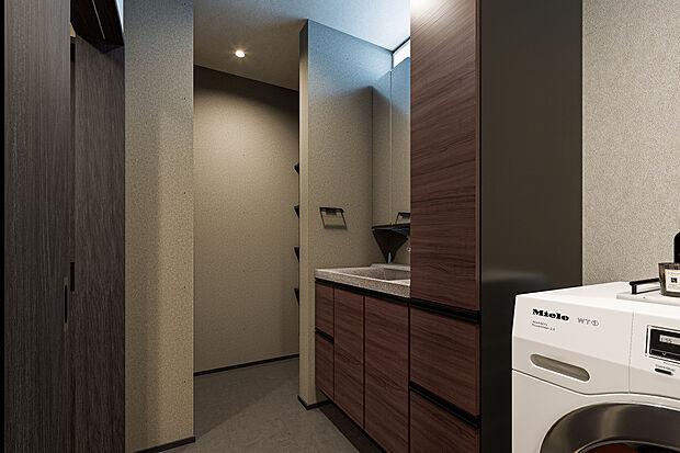 【洗面脱衣室完成予想図】T-1/家族みんなが使う場所だから、デザインや使い勝手にもこだわった機能的な洗面台をセット。収納力・お手入れのしやすさなど、どれをとっても自然と暮らしに馴染みます。可動棚付き物入れ併設。