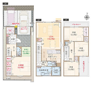 太陽光発電パネル搭載、3層型高性能住宅、ハーフガレージ、ZEH、断熱等級5、第一種換気&amp;全熱交換換気、フラット対面キッチン付LDK広々18.7帖、タタミコーナー付主寝室広々8.4帖、大型SIC、大型バルコニー、駐車2台可 