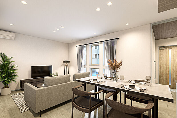 【リビングダイニング完成予想図】T-1／自然と家族が集まる心地よい距離感。木の温もりと自然光に包まれながら食卓を囲んだり、ソファでくつろいだり。笑顔の絶えない、幸せな家族の時間を育むこだわりの住空間です。