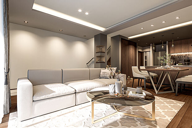 【リビングダイニング完成予想図】T-1/折り下げ天井にはライン状にコーニス照明を配置して都会的でシャープな印象をプラス。趣の異なるダウンライトと組み合わせることで、空間を表情豊かに彩ります。心地よい天井高が感じられるのもポイント。