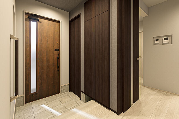 【玄関完成予想図】T-2/住まいを美しく整える、落ち着きのある玄関ホール。大容量のシューズボックスの他に、ベビーカーやアウトドアグッズの収納も可能な土間収納が玄関をすっきりと保ちます。