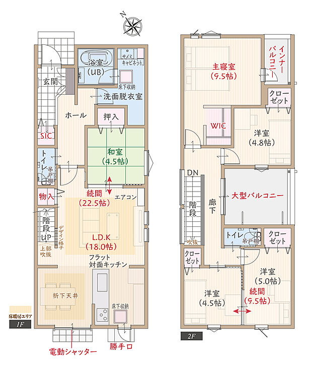【5LDK＋SIC＋WIC】太陽光発電パネル搭載、駐車4台可、耐震等級3、断熱等級5、ZEH仕様の家、第一種換気&全熱交換換気、LDK続間22.5帖、ウォークインクローゼット付主寝室広々9.5帖、洋室続間9.5帖、大型バルコニー