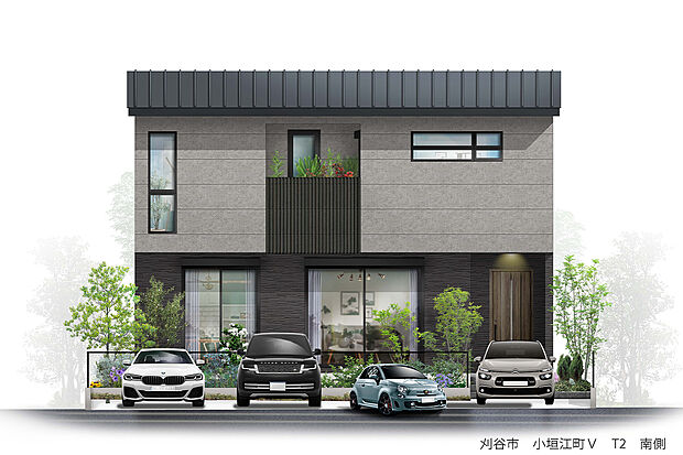 【外観完成予想図】T-2／敷地50坪＆駐車場4台可のゆとりが魅力の住まい。駅・小学校徒歩7分、幼児園徒歩4分の好立地です。ワイド間口がもたらす開放感と、子育て世帯に嬉しい住環境が日々の暮らしを彩ります。
