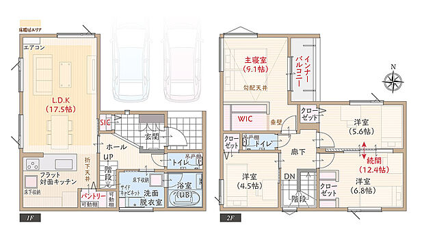 【4LDK】角地、太陽光発電パネル搭載、ワイド間口、耐震等級3、断熱等級5、ZEH、第一種換気&全熱交換換気、フラット対面キッチン付LDK広々17.5帖、大型WIC付主寝室広々9.1帖、洋室続間12.4帖、大型PT、インナーバルコニー