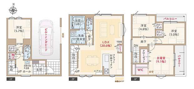 【4LDK】太陽光発電パネル搭載、耐震等級3、断熱等級5、ZEH仕様の家、愛車に優しく雨の日も安心ビルトインガレージ、開放的なフラット対面キッチン付LDK広々20.6帖、大型WIC&大型CL付主寝室広々9.1帖