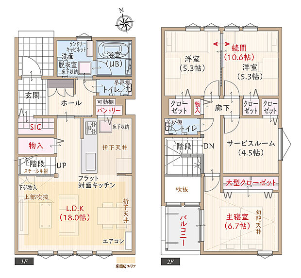 【3LDK+S】太陽光発電パネル搭載、耐震等級3、断熱等級5、第一種換気&全熱交換換気、ZEH仕様、上部吹抜&フラット対面キッチン付LDK広々18.0帖、洋室続間10.6帖、大型SIC&物入、南面バルコニー
