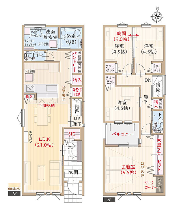 【4LDK】南向き、太陽光発電パネル搭載、耐震等級3、断熱等級5、第一種換気&全熱交換換気、ZEH仕様、フラット対面キッチン付LDK広々21.0帖、ワークコーナー&大型CL付主寝室広々9.5帖、収納充実、洋室続間9.0帖