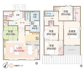 太陽光発電システム搭載、耐震等級3、断熱等級5、ZEH仕様の家、LDK広々18.8帖＋和室4.5帖、主寝室ゆとりの8.8帖、第一種換気＆全熱交換換気、駐車スペース3台可、全居室に収納完備 