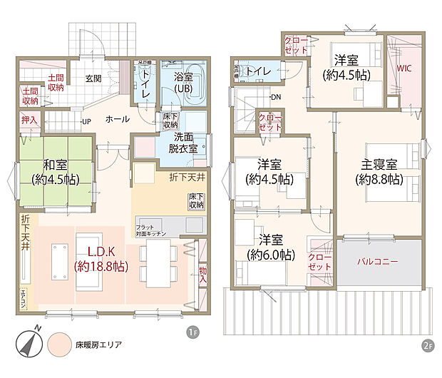 【5LDK+WIC+土間収納】太陽光発電システム搭載、耐震等級3、断熱等級5、ZEH仕様の家、LDK広々18.8帖+和室4.5帖、主寝室ゆとりの8.8帖、第一種換気&全熱交換換気、駐車スペース3台可、全居室に収納完備
