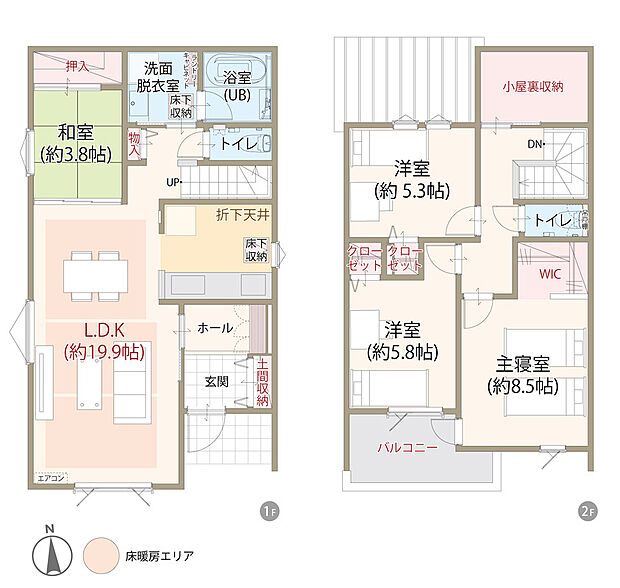 【4LDK+WIC+土間収納】太陽光発電システム搭載、耐震等級3、断熱等級5、ZEH仕様の家、LDK広々19.9帖+和室3.8帖、主寝室ゆとりの8.5帖、第一種換気&全熱交換換気、駐車スペース3台可、全居室に収納完備