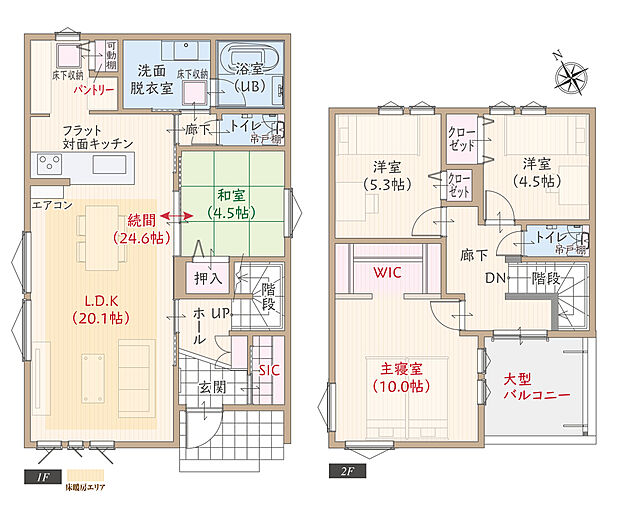 【4LDK+SIC+WIC】太陽光発電パネル搭載、南向き、耐震等級3、断熱等級5、第一種換気&全熱交換換気、ZEH仕様の家、開放的なフラット対面キッチン付LDK広々20.1帖、続き和室、大型WIC付主寝室広々10帖、大型バルコニー