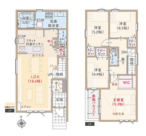 【4LDK＋WIC】南向き、太陽光発電パネル搭載、耐震等級3、断熱等級5、第一種換気&全熱交換換気、ZEH仕様の家、フラット対面キッチン付LDK広々18.6帖、大型WIC付主寝室広々9.3帖、収納充実、南面バルコニー