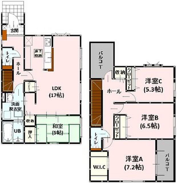 （2号棟）リビングに隣接した和室と合わせると２２帖の広々空間に！パントリーやＷＩＣ付きで収納も充実です