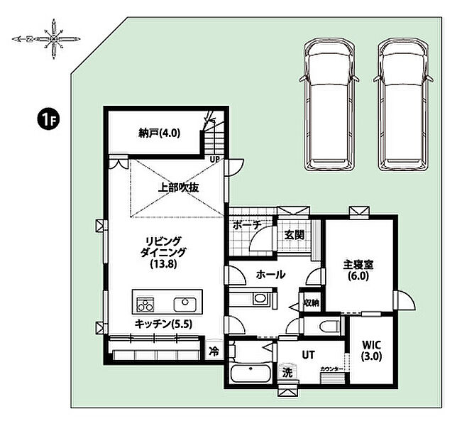 【1階間取図】
空間に広がりをもたせる吹抜けを採用した、開放感溢れるLDK。洗面室に繋がるWICがなど、生活しやすい回遊動線です。