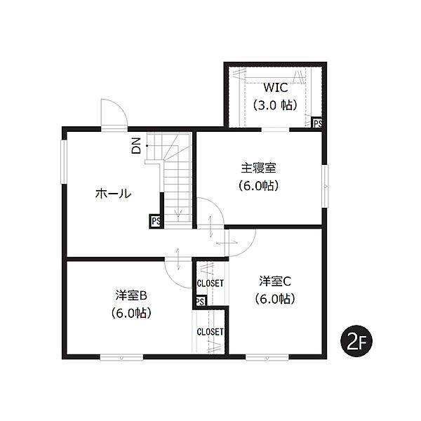 【2階間取図】
2階の洋室は全室約6帖のゆとりある広さ。収納力のあるWIC、開放感溢れるホームも魅力的ですね。