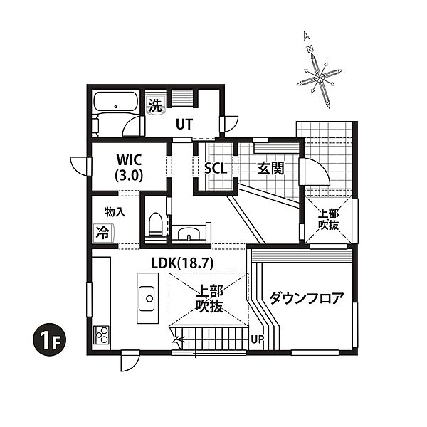 【1階間取図】
ファミリーにおすすめの３LDKの間取りです。玄関、リビング上部は開放感あふれる吹抜けとなっております。