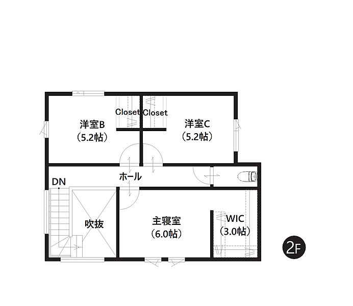 【2階間取図】
WICを含む全居室収納付き。SICやパントリーなど豊富な収納スペースで、お荷物の多いファミリーにもおすすめです。