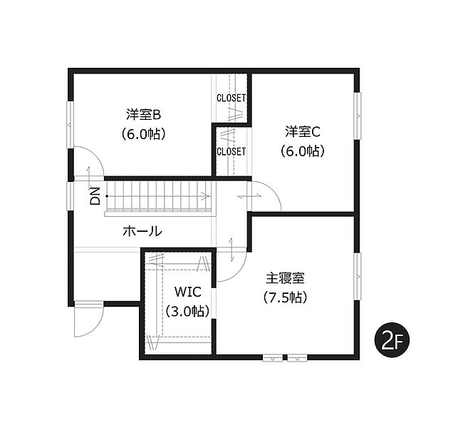 【2階間取図】
2階の洋室は全室約6帖以上の広さがあります。WIC含む全居室収納付きで、お荷物の多いファミリーにもおすすめです。