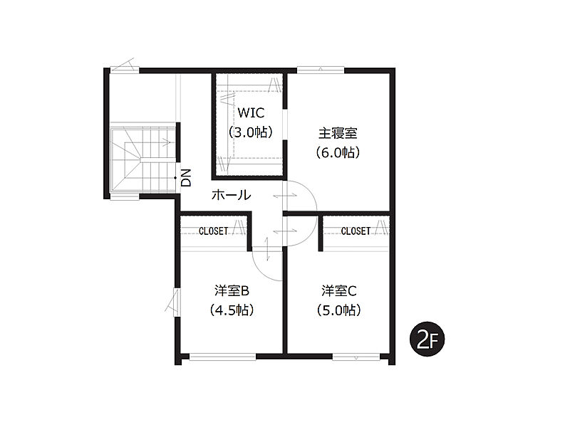 【2階間取図】
約6帖の洋室にはお洋服が多い方にも嬉しいWIC完備。収納豊富でお荷物の多いファミリーにもおすすめです。