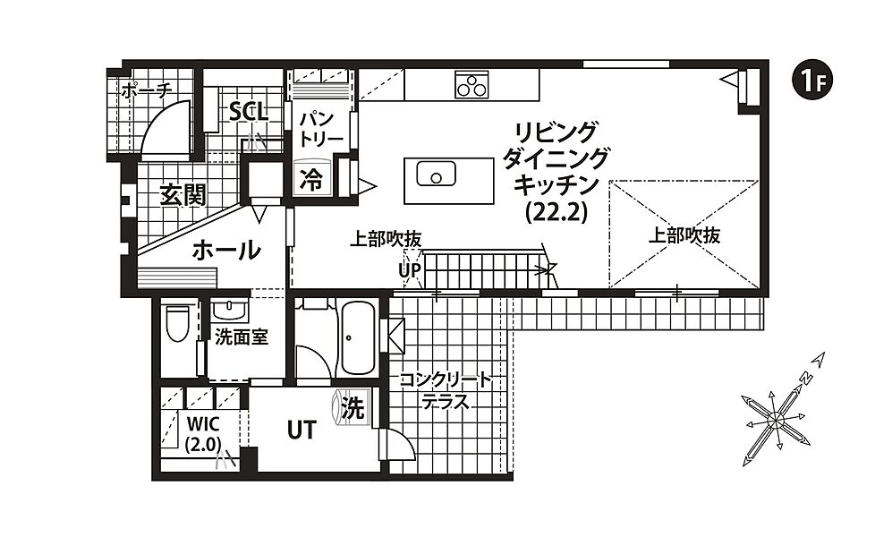 【1階間取図】
1階ワンフロア約22帖とLDKを広く設計し、吹抜けと鉄骨階段を南側に配置。お庭とのつながりを持たせたまま、しっかりと採光も確保し開放感を実現しました。