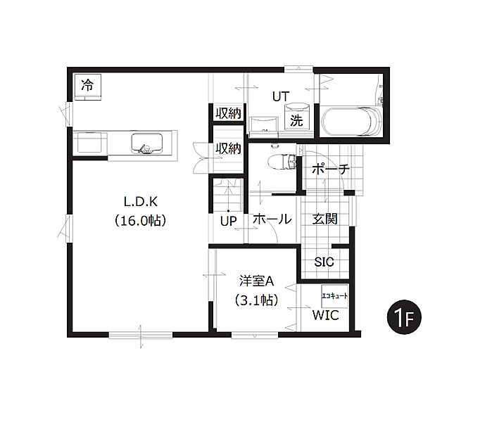 【1階間取図】
水まわりを1階部分に集約させた使いやすいレイアウトの4SLDK。対面キッチン・リビング階段仕様で自然とご家族が集まる設計です。