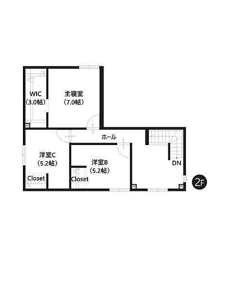 【2階間取図】
2階には洋室を3部屋振り分けました。WICを含む全居室収納付きで、お荷物の多いファミリーにもおすすめです。