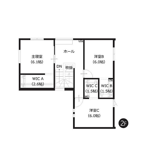 【2階間取図】
階の洋室は全室6帖以上でゆとりの広さがございます。WICが3ヶ所にあり、お部屋の空間を有効的にお使いいただけます。