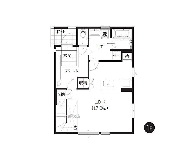 【1階間取図】
水まわりは回遊動線が可能。対面式キッチンやリビングイン階段を採用しており、ご家族が自然と顔を合わせられます。