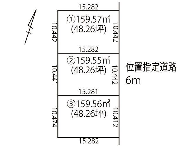 【全体区画図】
全3区画の売地が登場です。建築プランの立てやすい、間口の広い整形地で、夢が広がりますね。