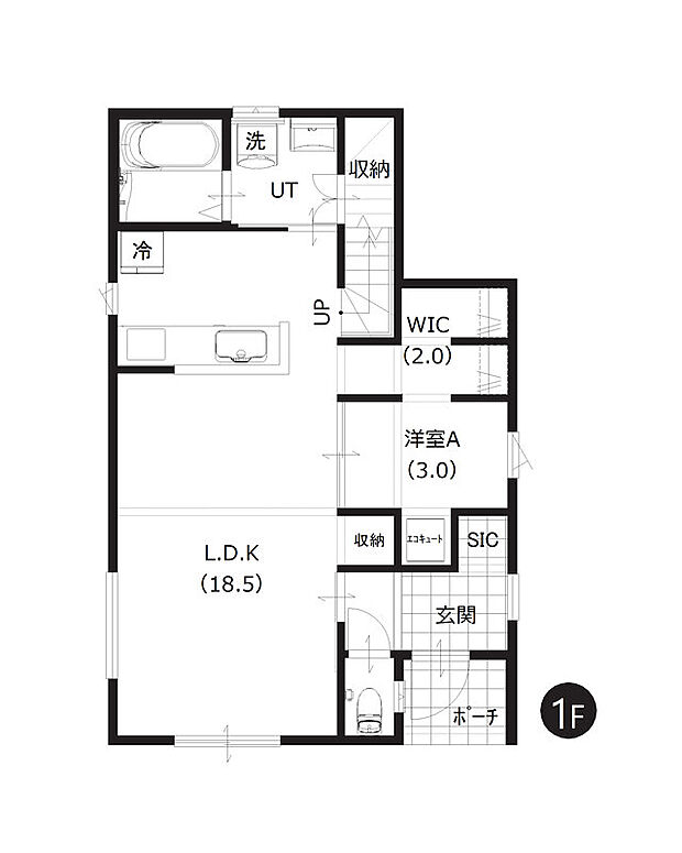 【1階間取図】
ご家族の集まるLDKは約18.5帖。水回りが近く家事動線良好、快適に過ごせる間取り設計です。