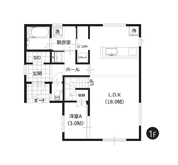 【1階間取図】
ご家族でくつろぐLDKは約18帖とゆとりある広さ。パントリーやSICなど豊富な収納も嬉しいですね。