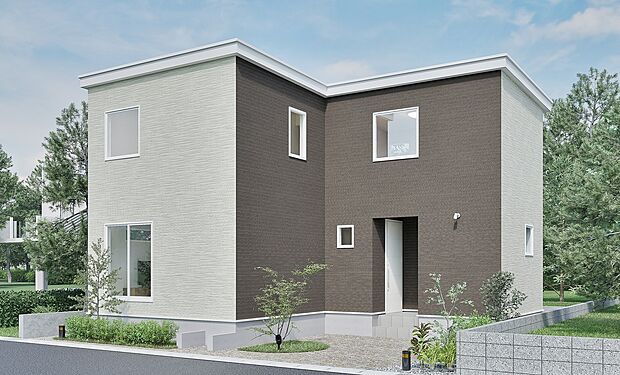 【完成予想図】
バイカラーのおしゃれな外観が魅力のお住まい。2025年11月完成です。完成するのが楽しみですね。