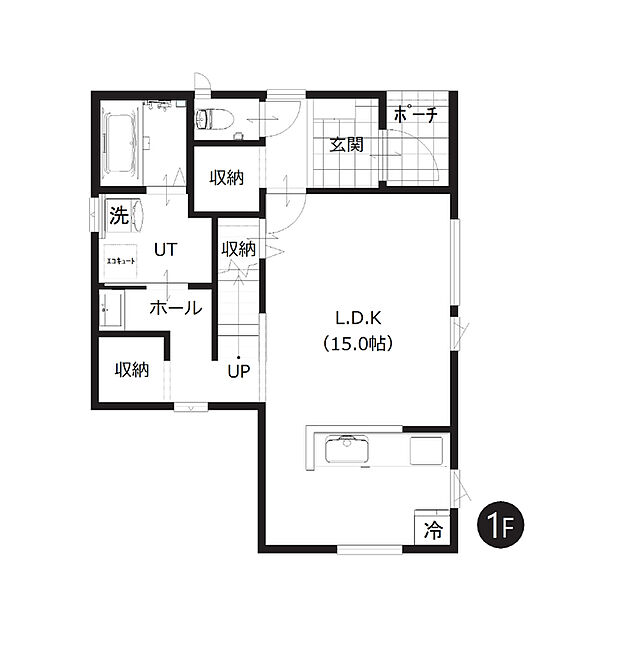 【1階間取図】
ご家族の集まるLDKは約15帖。階段下収納、玄関・洗面横にも収納がある収納充実プランです。
