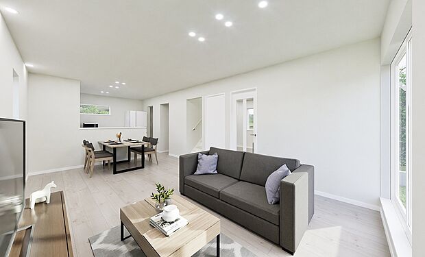 【A棟 完成予想図】
広々約18帖のLDKが魅力。家具を置いてもご家族そろって、ゆったりとくつろぐことができますね。