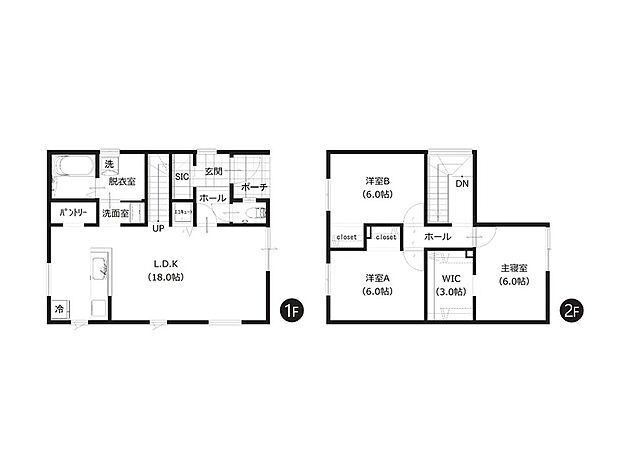 【A棟 間取図】
1階にはLDKと水回りを集約させ、家事もスムーズに行えます。キッチンにも2個所に窓があり明るく換気にも困りません。全居室6帖以上のゆとり設計。