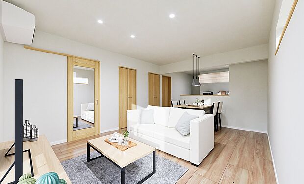 【完成予想図】
2面採光のリビングルームは明るく、気持ちの良い風も感じることができます。自然とご家族が集まりますね。