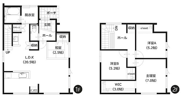 【1号棟 間取図】
約20帖の広々としたLDKが魅力。隣接した和室は多目的に利用でき便利です。