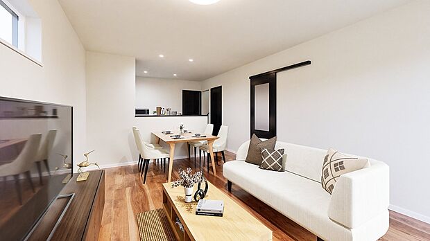 【A棟 完成予想図】
生活動線上に扉付き収納を配置し、生活感を抑えた美しい空間を維持できます。全室にウォークインクロゼット、独立洗面所も完備し、家族それぞれのプライベートと家事動線を両立。