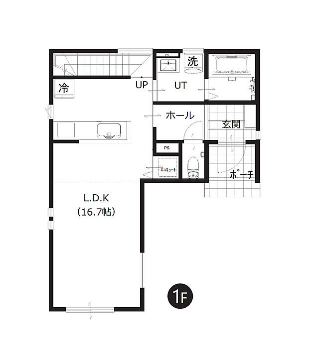 【1階間取図】
LDKは約16.7帖とゆったり。ご家族揃ってのんびり過ごせる、明るく開放感のある空間です。