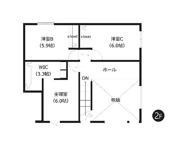 【2階間取図】
吹抜けから2階ホールへとつながる開放的な設計。空間に広がりをもたらすだけでなく、2階にいるご家族とも自然にコミュニケーションが取れます。